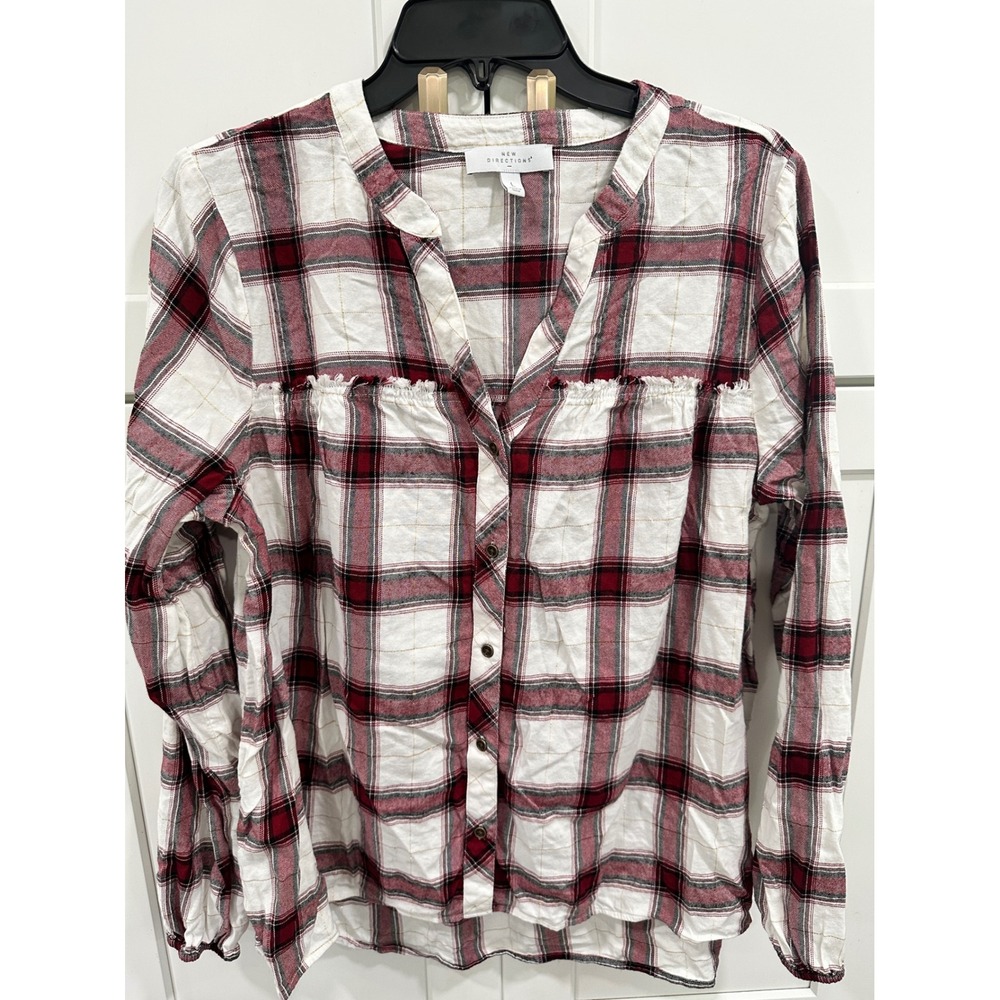 New‎ Directions Plaid Button Down Top Ruffle Trim Long Sleeve Blouse L